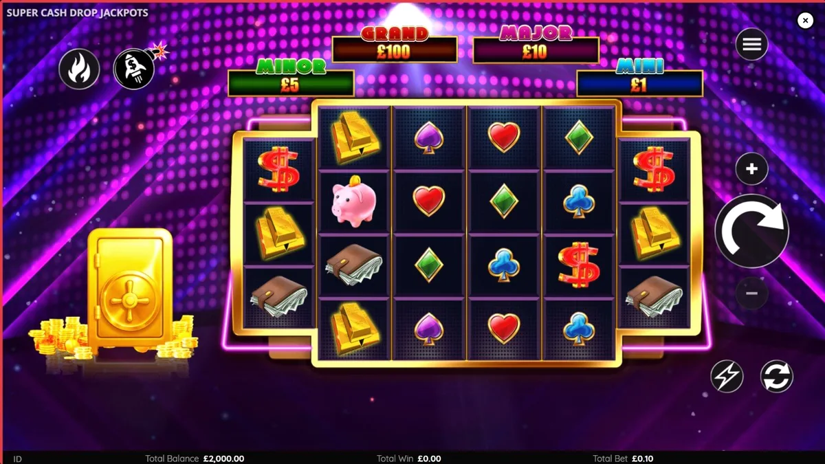 Tampilan visual neon futuristik dari slot Super Cash Drop Jackpots