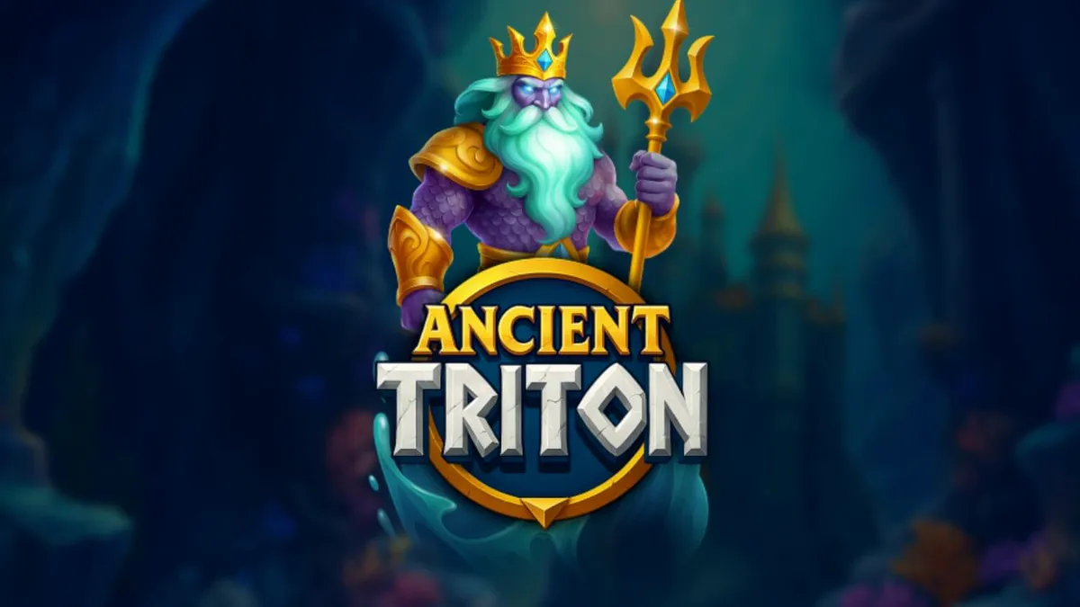 Pemandangan bawah laut yang memukau dalam slot Ancient Triton dengan simbol-simbol mitologi.