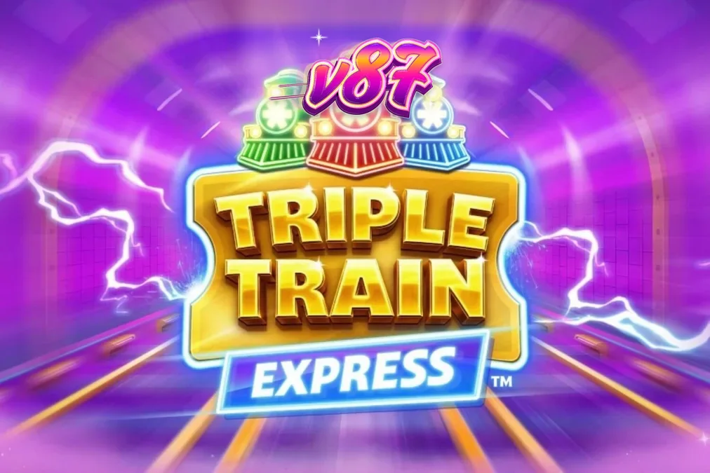 Tampilan visual futuristik dari slot Triple Train Express dengan kereta neon dan rel bercahaya.